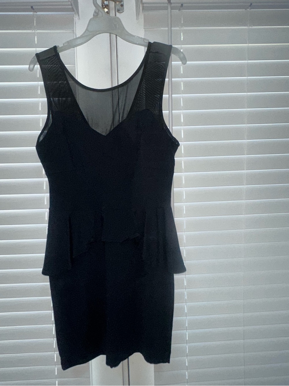 bebe Black Sleeveless Peplum Mini Dress with Mesh Yoke